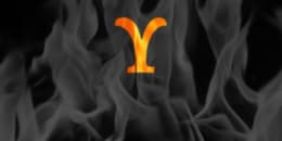 Greek letter Hypsilon (corresponding to rhapsody number 20) on a background of flames