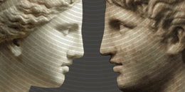 a young couple facing each other, marble heads