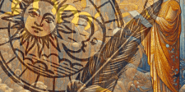 a manuscript with the sun, moon, a feather and a person reading a letter to a crowd